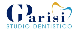 Logo per Parisi Studio Dentistico, caratterizzato da una scritta blu stilizzata e da un'icona a forma di dente giallo oro e blu.