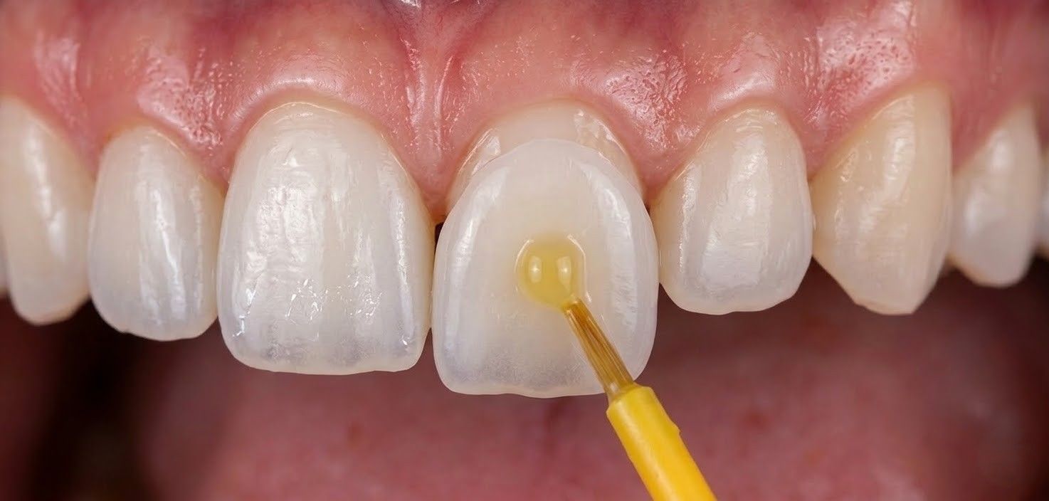 Un professionista del settore dentale applica un adesivo o un agente legante giallo su un dente frontale preparato, utilizzando un piccolo pennello applicatore.
