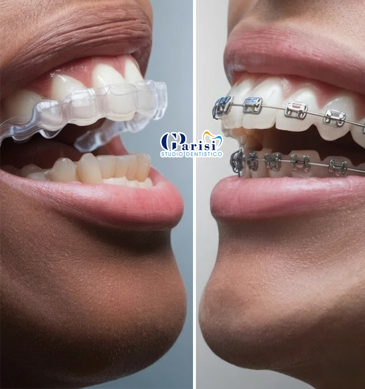 Confronto affiancato tra un allineatore dentale trasparente a sinistra e un apparecchio ortodontico tradizionale in metallo a destra.