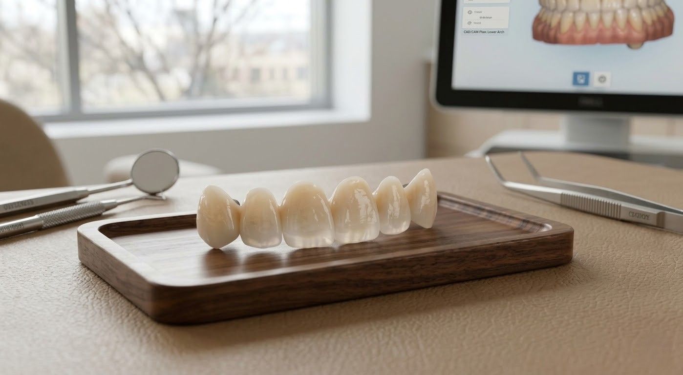 In una clinica, un ponte dentale poggia su un piccolo vassoio di legno, con strumenti odontoiatrici e un monitor di computer sullo sfondo.