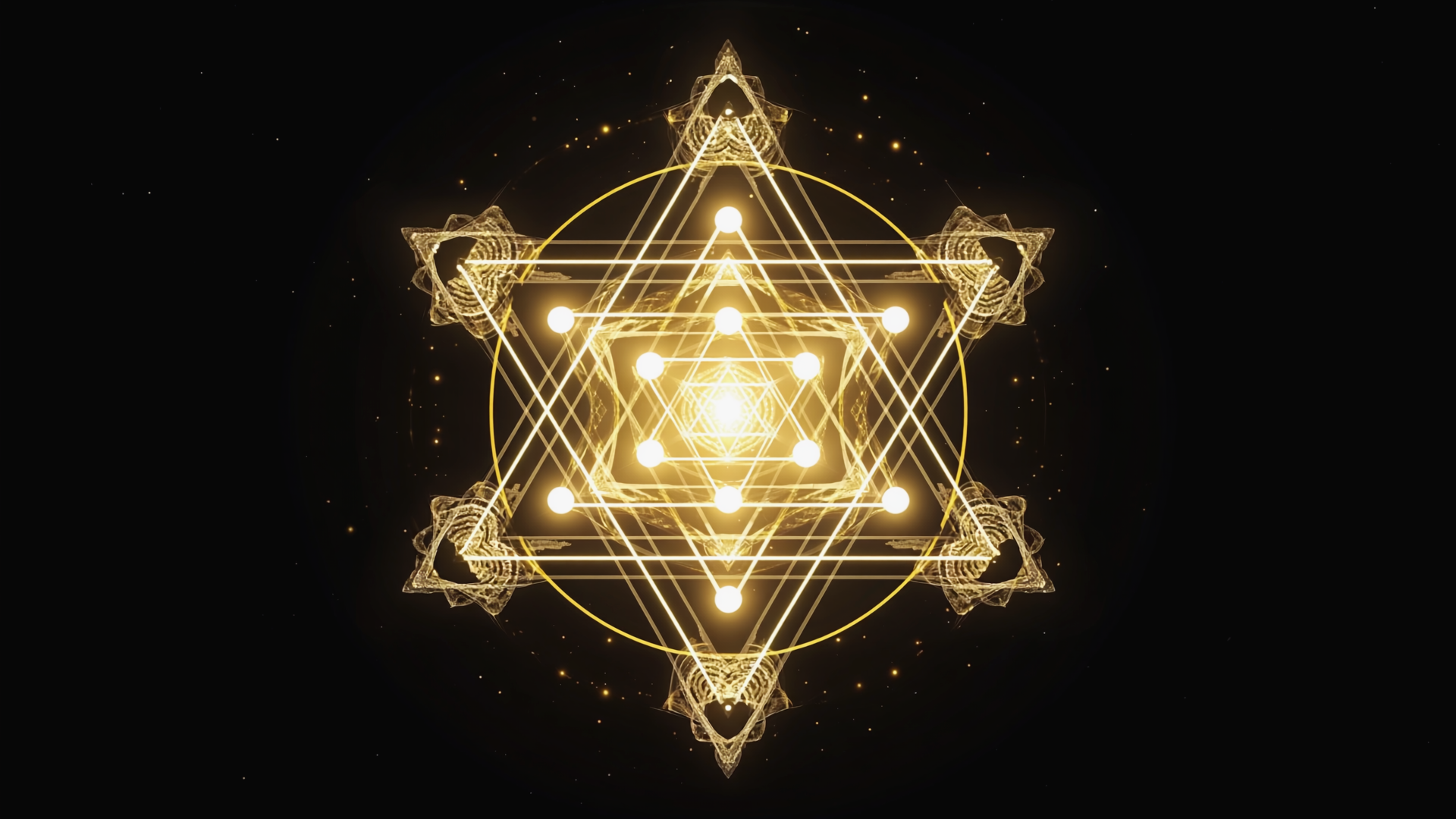 Glowing golden geometric starburst symbol on a black background
