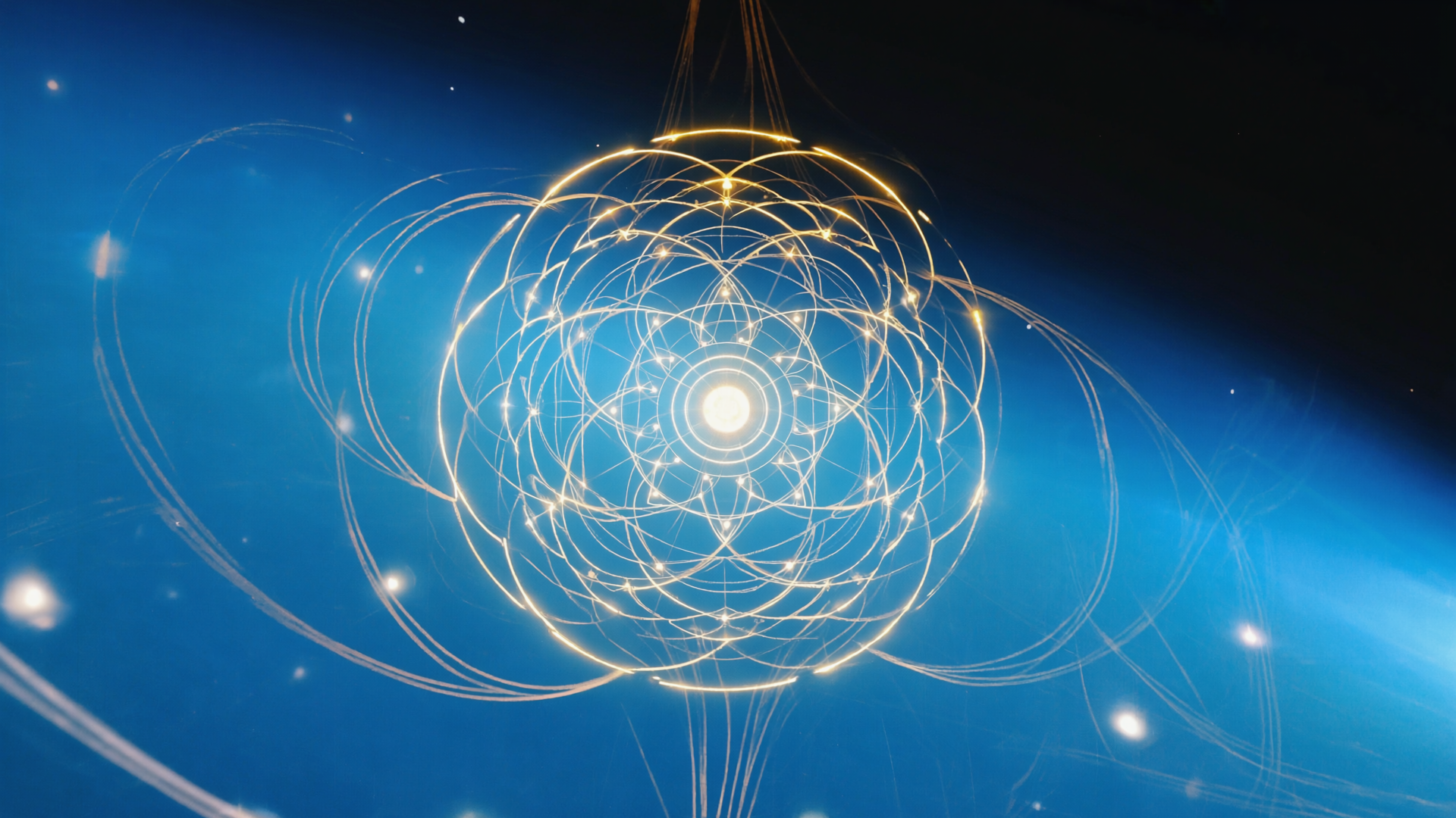 Blue abstract digital orb with glowing golden orbital lines on a dark background
