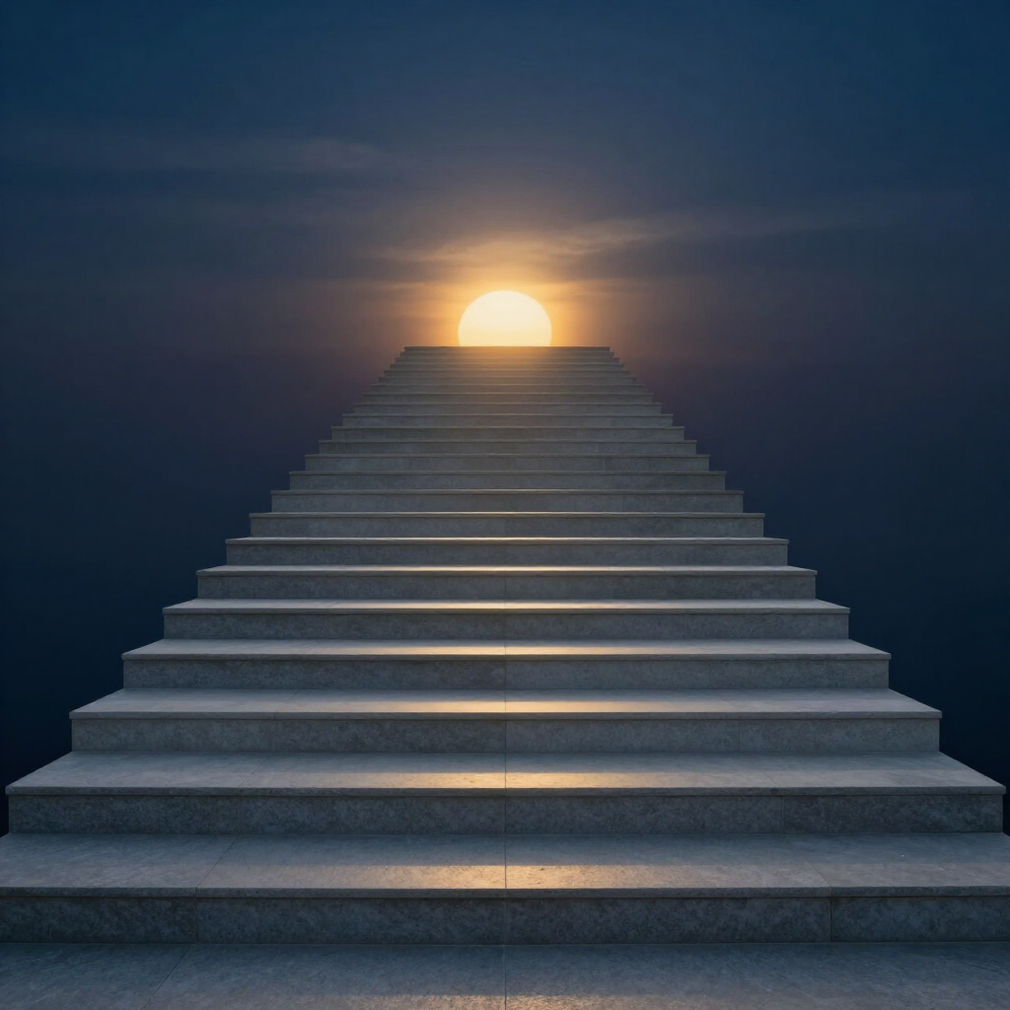 Tall concrete light sculpture glowing warm yellow against a dark blue night sky