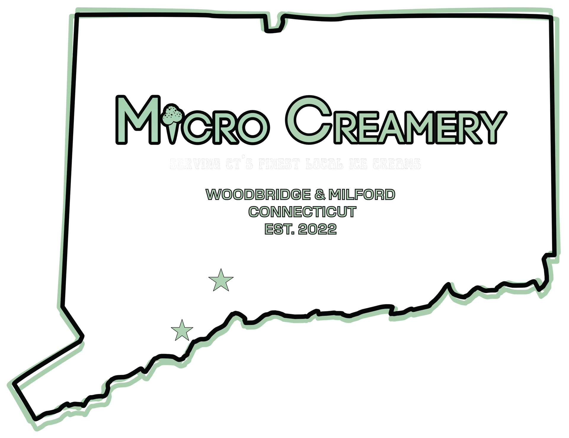 A logo for Micro Creamery in Connecticut, featuring an outline of the state with two stars marking Woodbridge and Milford.
