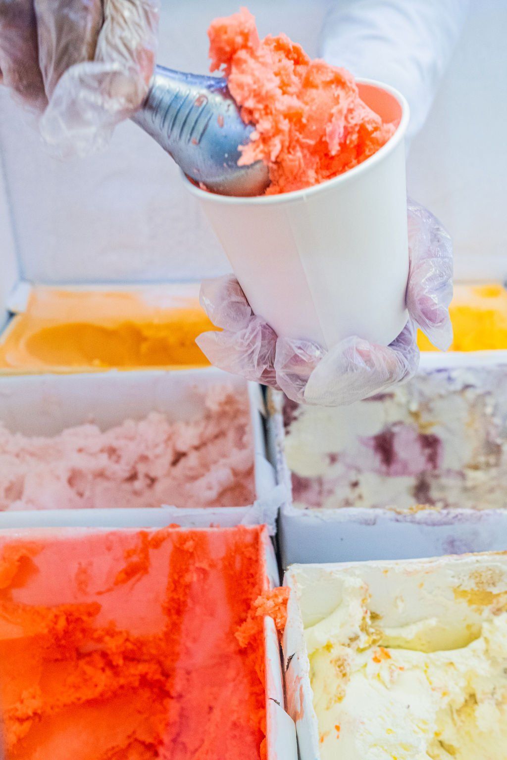 A hand wearing a clear glove scoops bright orange ice cream into a white paper cup above a display of various flavors.