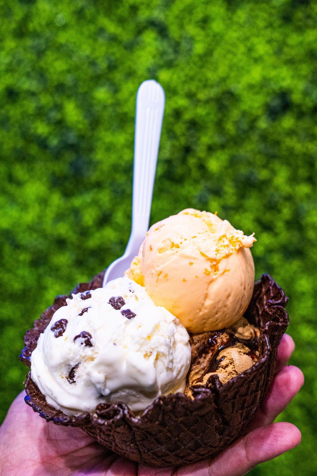 A hand holds a chocolate waffle bowl filled with scoops of chocolate chip and orange ice cream with a spoon, over green.