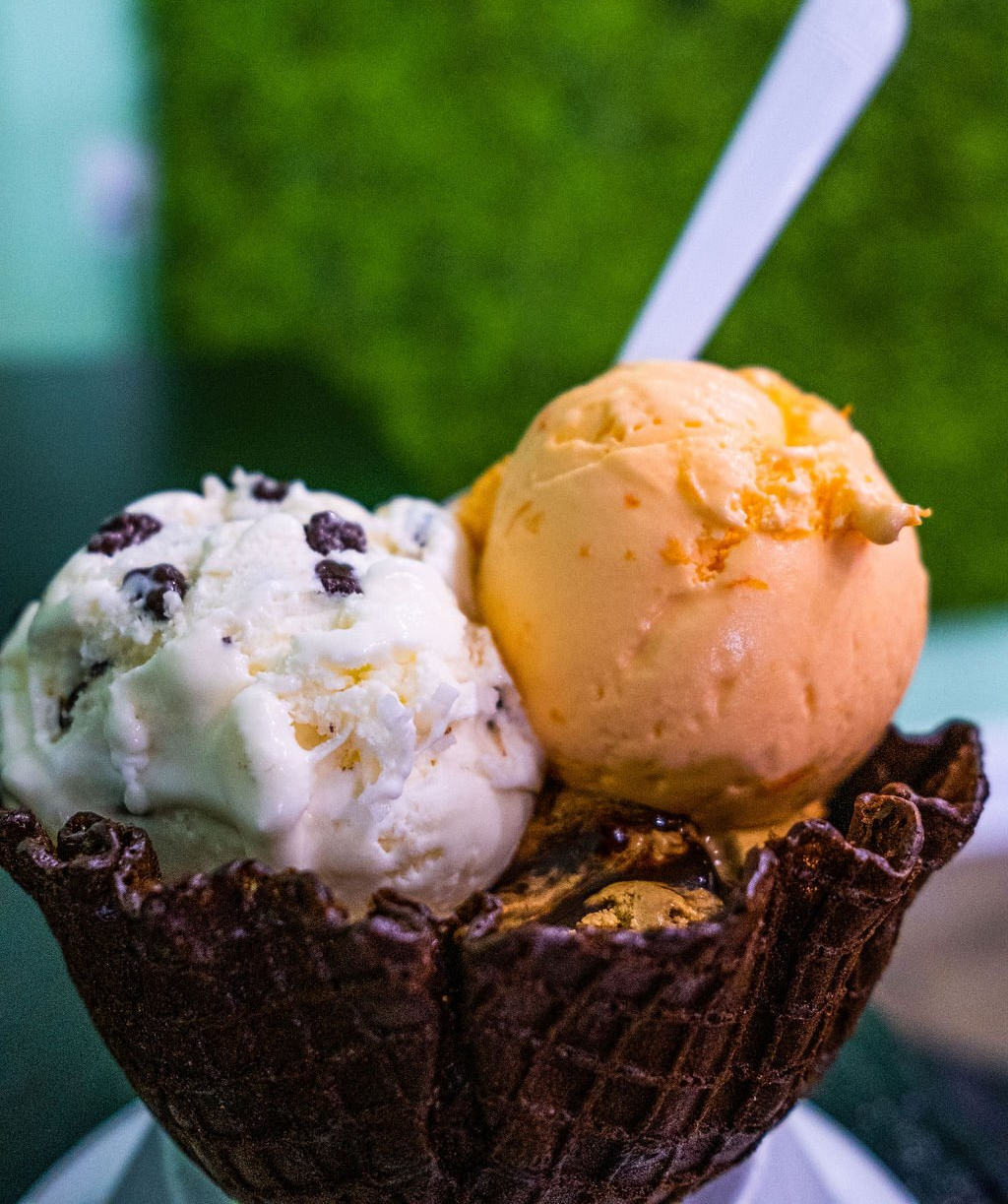 Two scoops of ice cream, one white with dark chocolate chips and one orange, served in a dark chocolate waffle bowl.