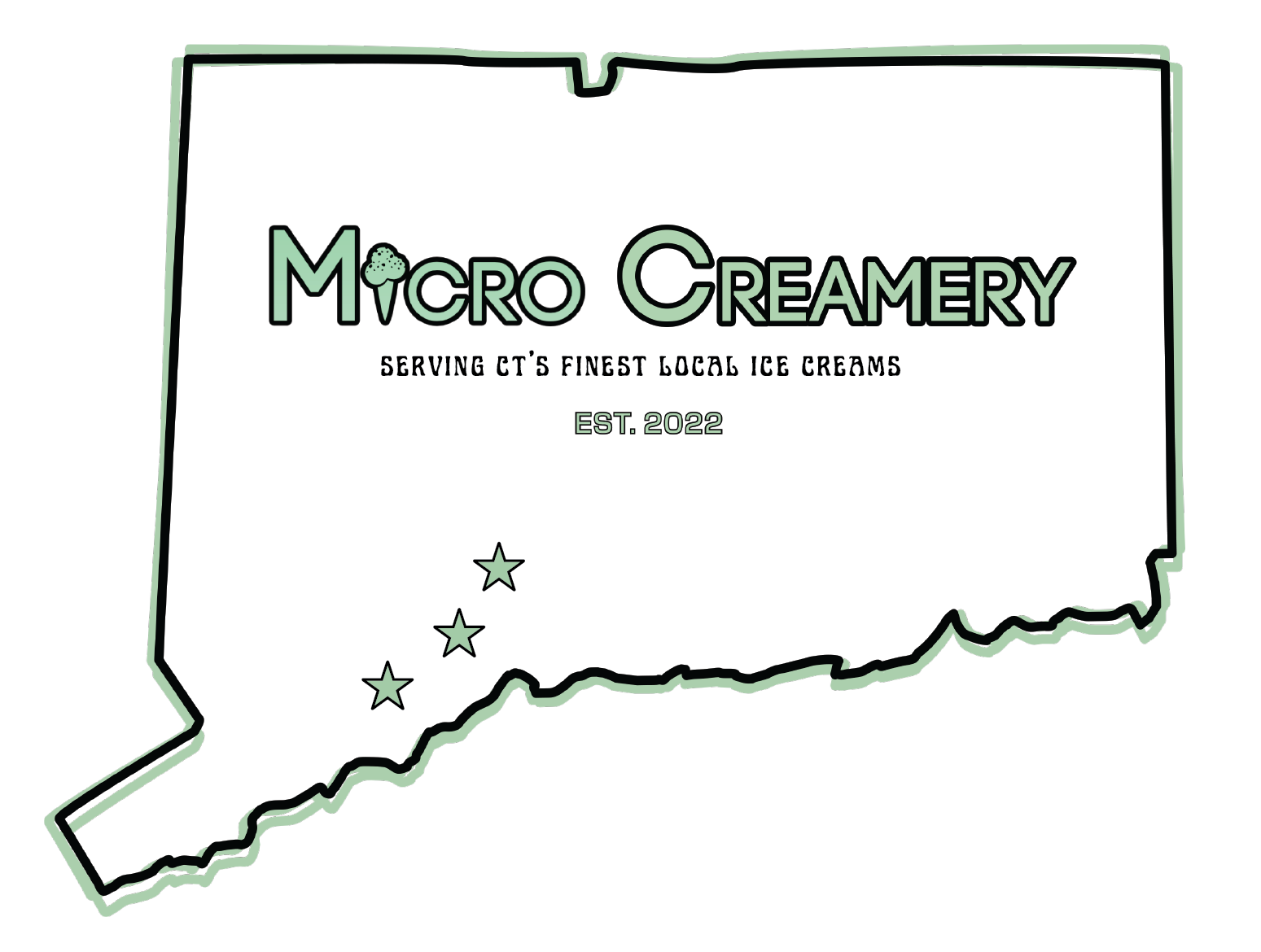 Logo for Micro Creamery featuring a white map of Connecticut, text, and three star icons, set against a pale green outline.