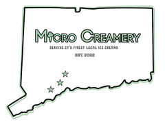 Logo for Micro Creamery featuring a white map of Connecticut, text, and three star icons, set against a pale green outline.