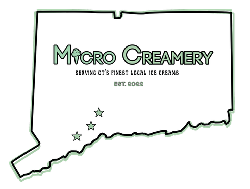 Logo for Micro Creamery featuring a white map of Connecticut, text, and three star icons, set against a pale green outline.