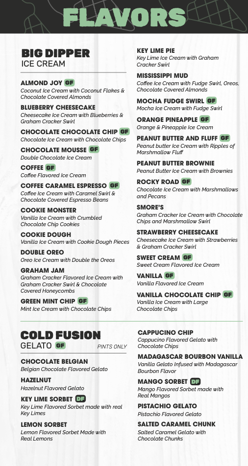Menu board listing Big Dipper ice cream and Cold Fusion gelato flavors in two columns with green accent labels.