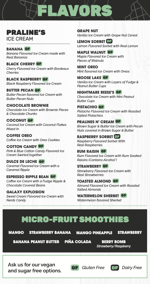 A menu listing ice cream flavors and smoothies, including icons indicating gluten-free and dairy-free options.