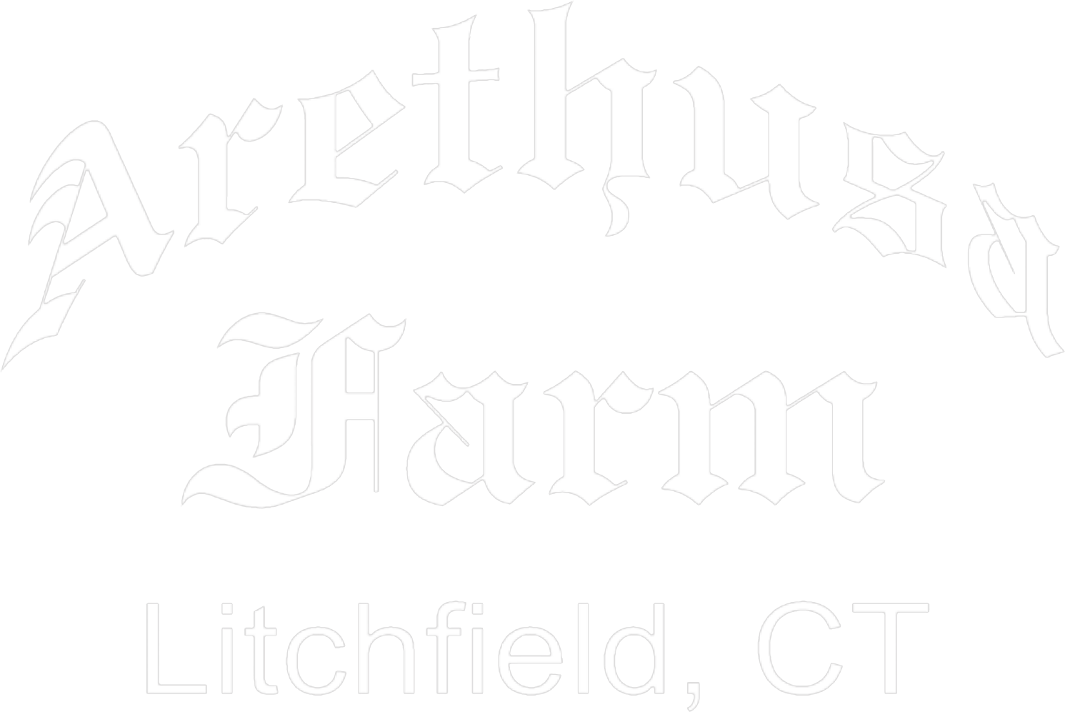 White logo for Arethusa Farm in Litchfield, CT, featuring ornate, stylized text on a plain dark background.