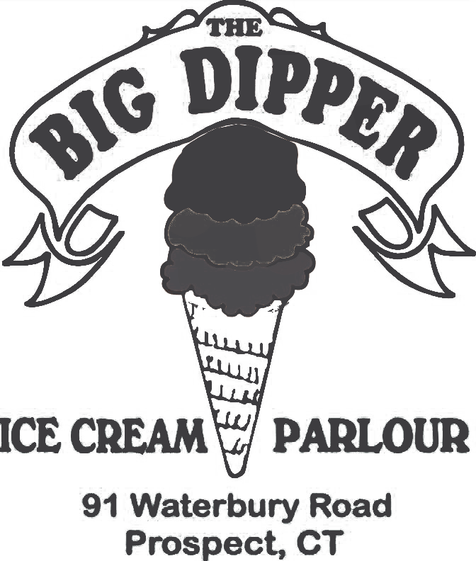 Logo for The Big Dipper Ice Cream Parlour at 91 Waterbury Road, Prospect, CT, featuring a three-scoop ice cream cone.