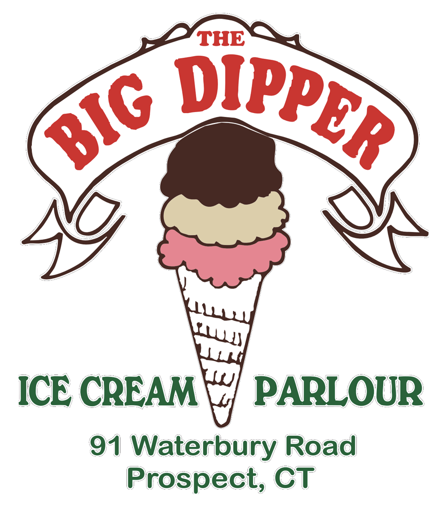 Logo for The Big Dipper Ice Cream Parlour at 91 Waterbury Road, Prospect, CT, featuring a three-scoop ice cream cone.