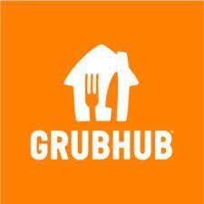 Grubhub logo: a white house silhouette containing a fork and knife on an orange background, with the word 
