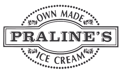 Logo for Praline's Ice Cream featuring stylized text inside a dotted oval border with floral accents.