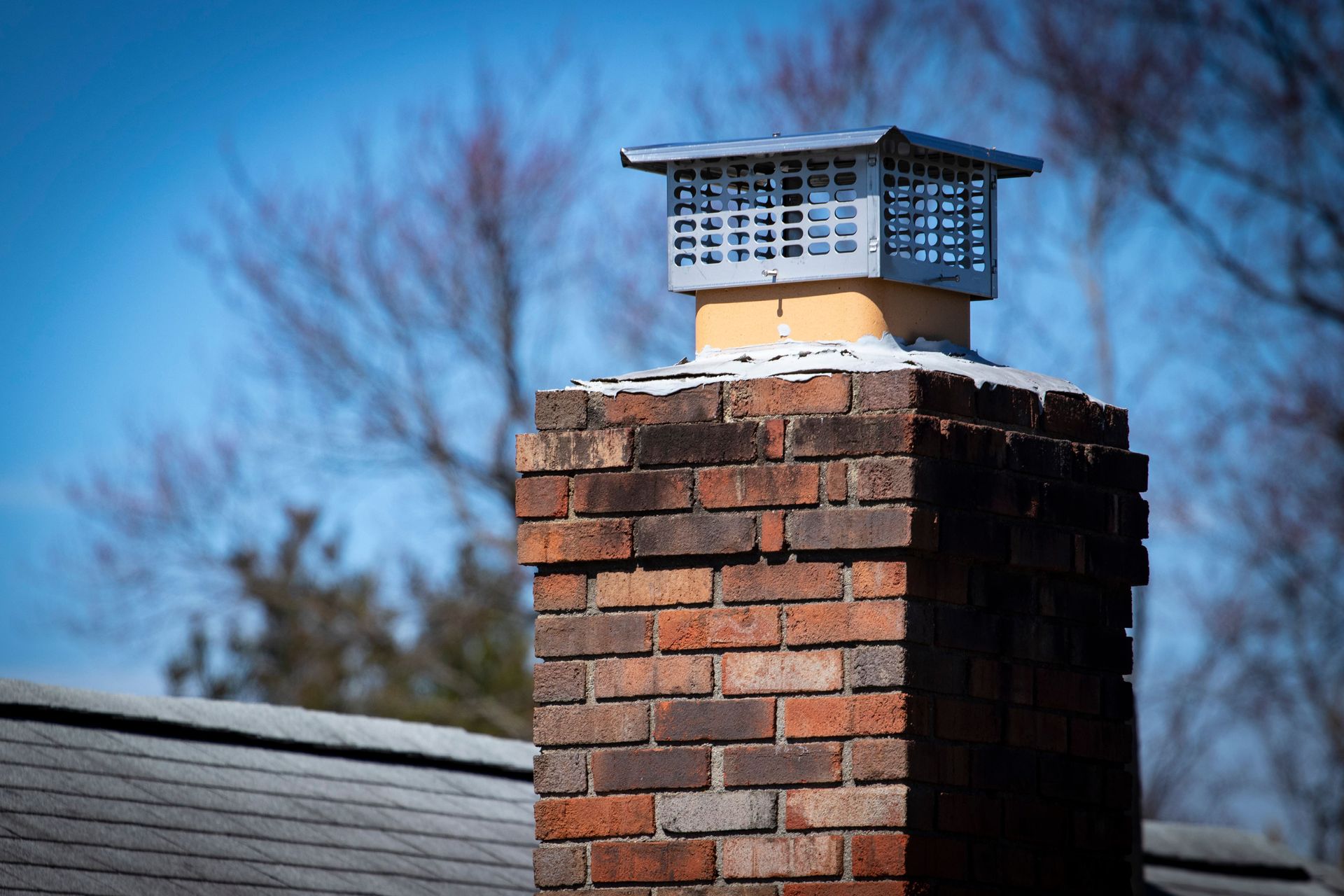 Brick chimney with a metal cap on a rooftop, with bare trees and a blue sky in the background.
