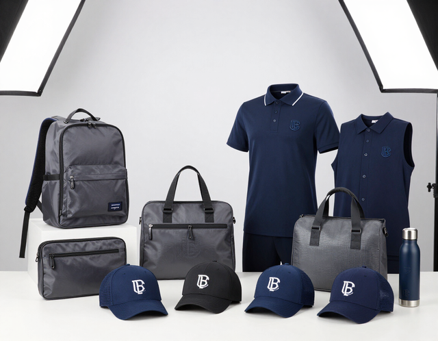 Conjunto de ropa de golf azul marino con mochila, bolsa de deporte, gorras, camisetas y botella de agua sobre un fondo blanco.