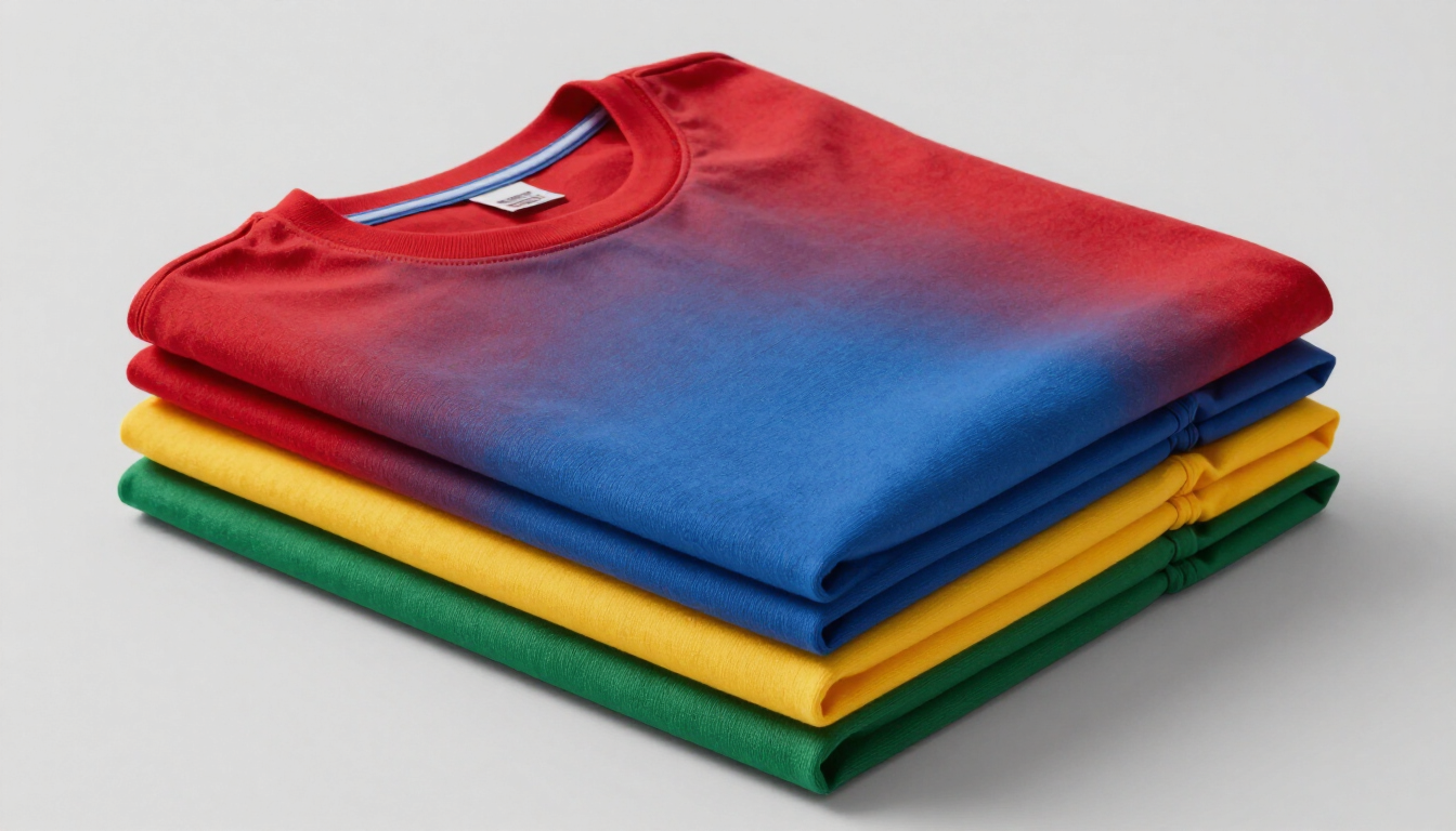 Pila de camisetas dobladas en rojo, azul, amarillo y verde sobre un fondo claro.