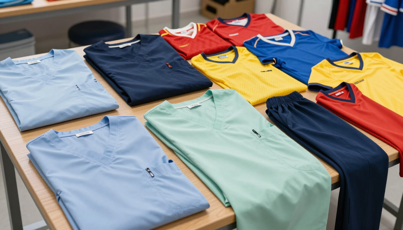 Polos de colores, dispuestos ordenadamente sobre una mesa, en tonos azules, rojos, amarillos y verde menta.