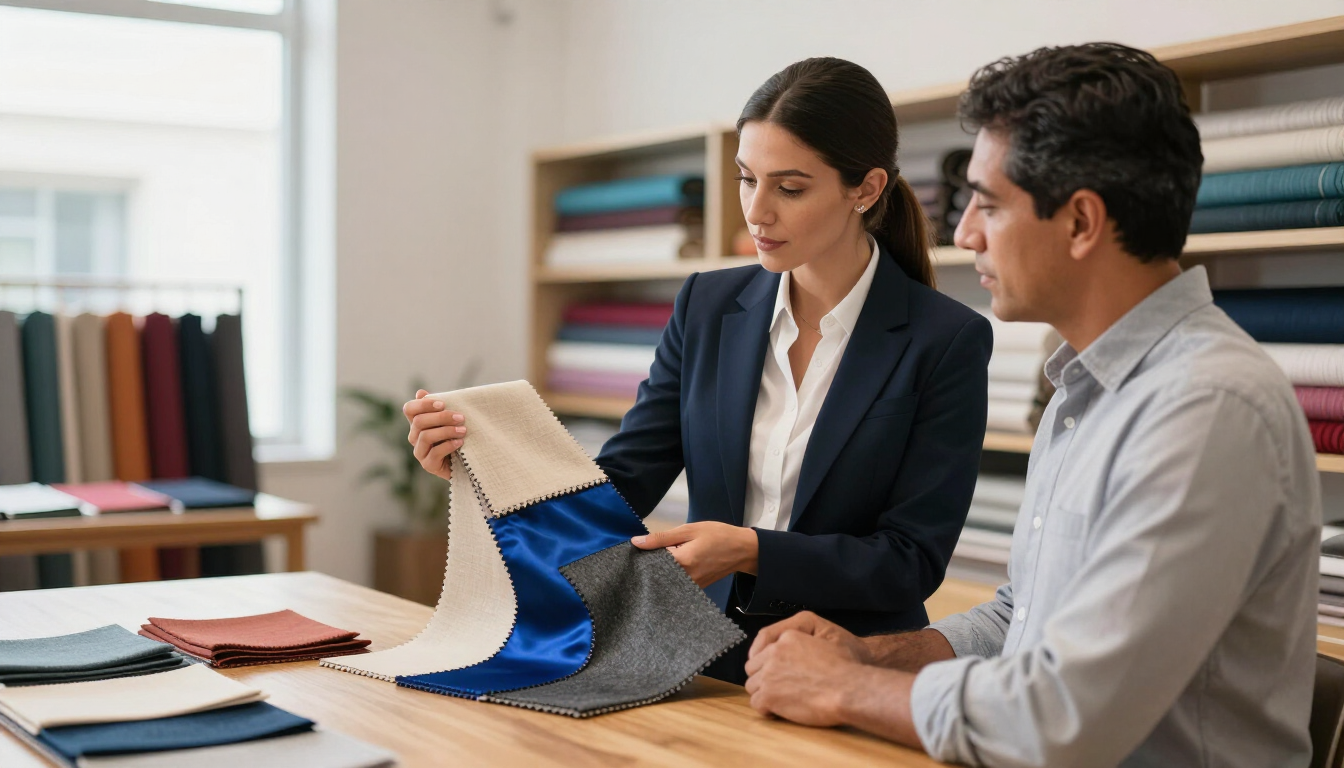 Dos compañeras de trabajo revisan el diseño de una prenda azul en un escritorio de un estudio de moda.