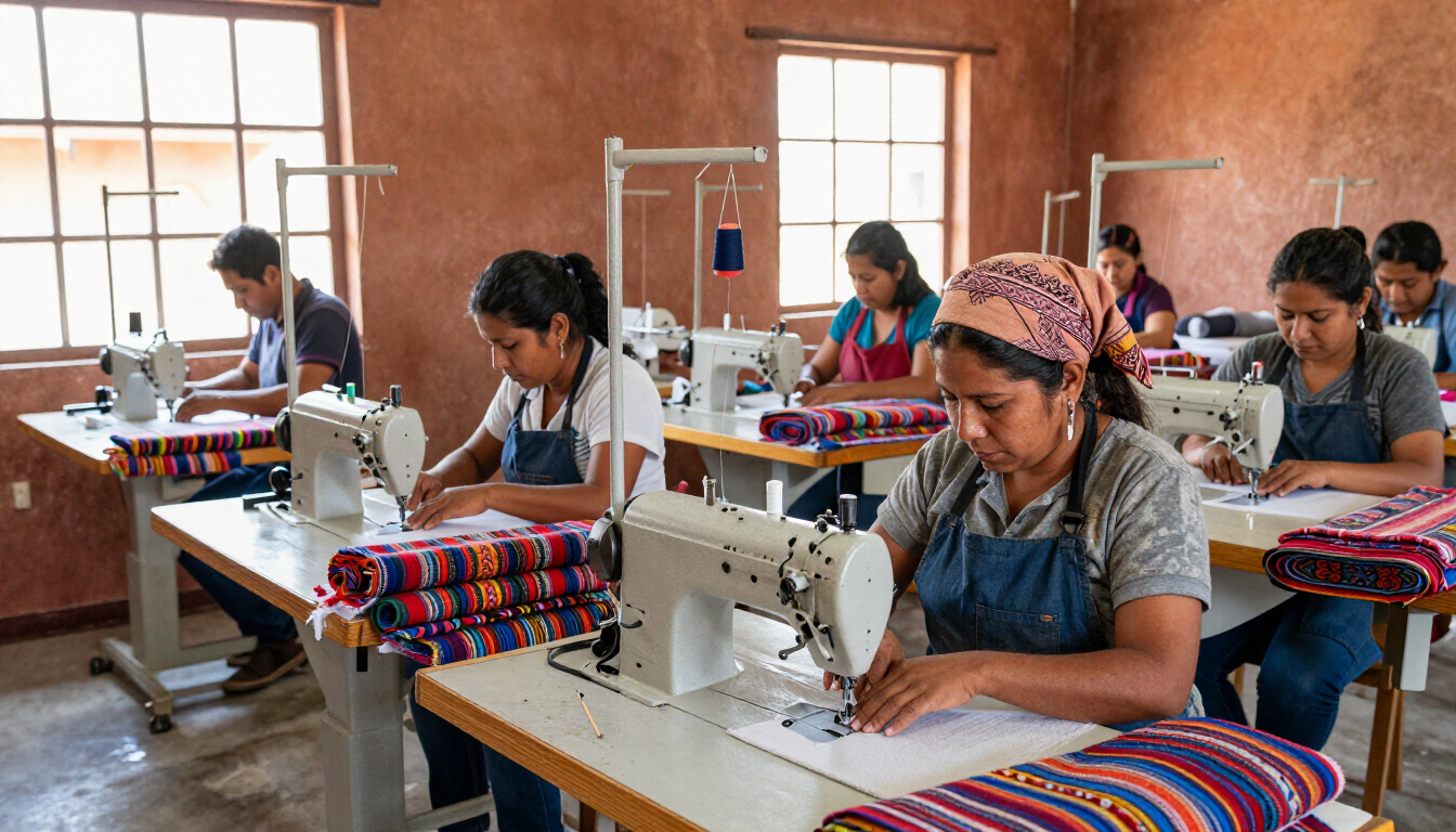 Gente cosiendo en máquinas en un taller, con telas coloridas y paredes de color terracota cálido.