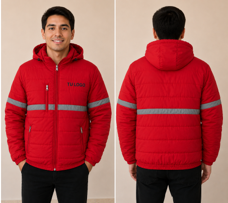 Chaqueta acolchada roja con capucha, mostrada de frente y de espaldas sobre un hombre, con fondo neutro.
