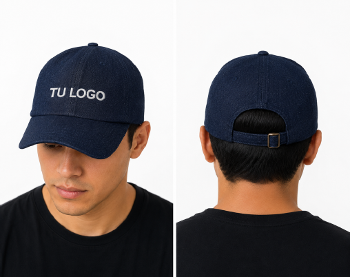 Gorra de béisbol azul marino mostrada de frente y de espaldas, con el logotipo 