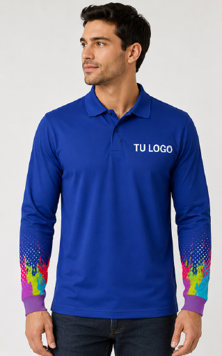 Polo azul de manga larga con puños estampados de colores y el logotipo 