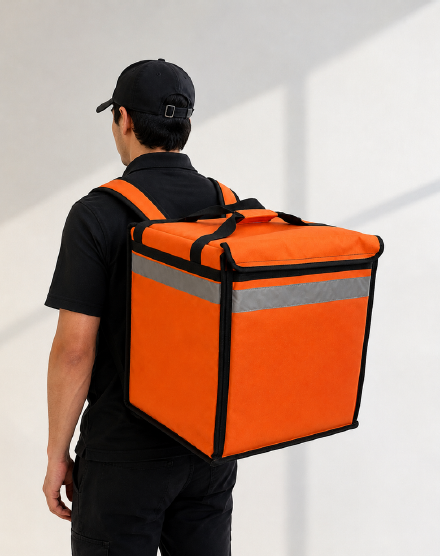 Persona con una mochila de reparto naranja grande en el interior de un edificio, vista desde atrás.