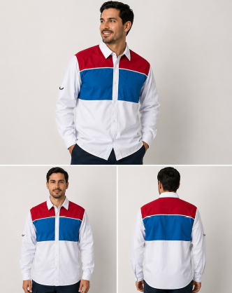 Camisa blanca abotonada con paneles rojos y azules en el pecho, mostrada de frente y de espaldas en un modelo masculino.