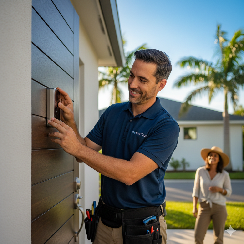 Man installing a doorbell on a wooden door; smiling woman in the background; sunny outdoor setting.