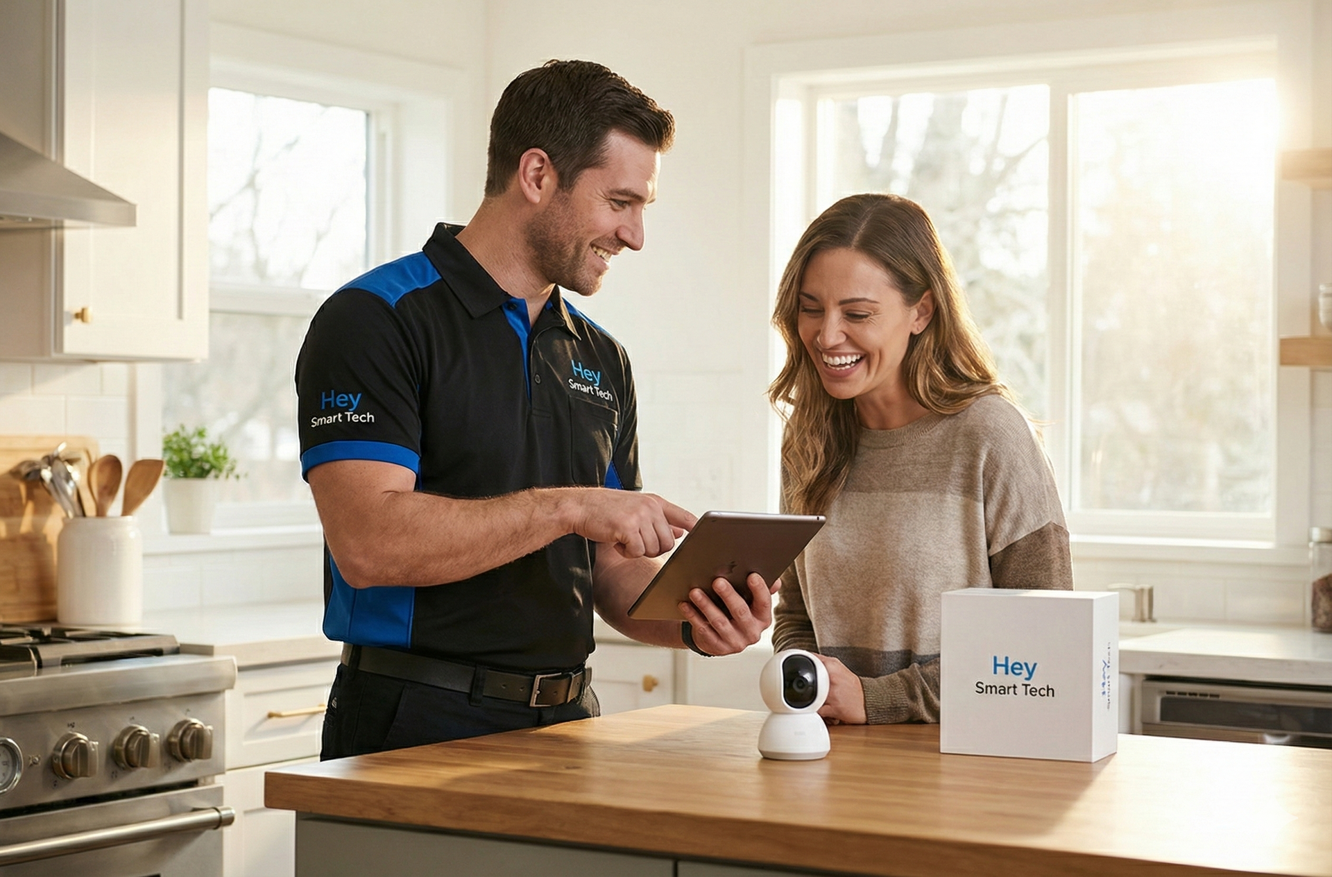 A technician shows a woman a tablet in a kitchen, pointing at a security camera and a box.