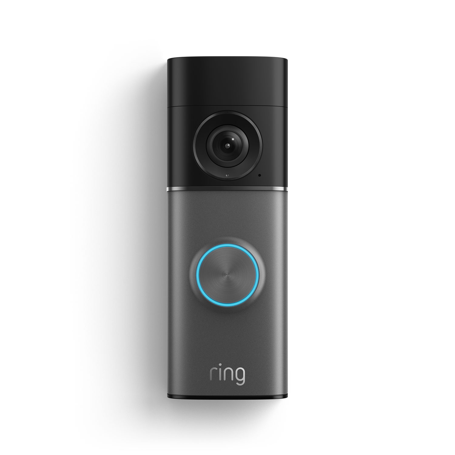 Ring video doorbell in charcoal gray, camera on top, blue-ringed button below.