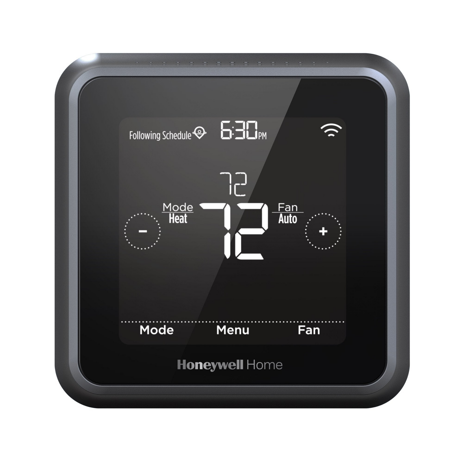Honeywell Home smart thermostat with black frame, showing 72 degrees, time 6:30 pm, and fan on auto.