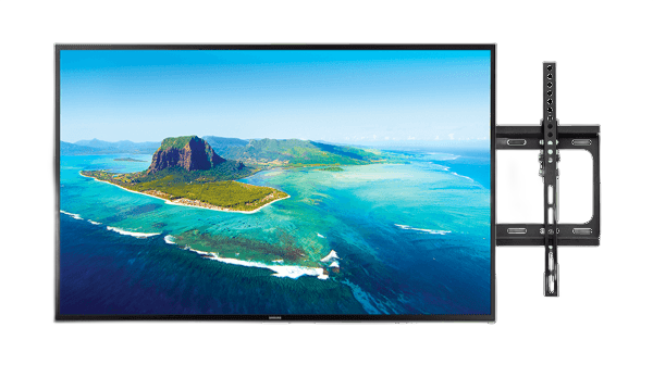 Large flat-screen TV mounted on a black wall bracket, displaying a tropical ocean scene.