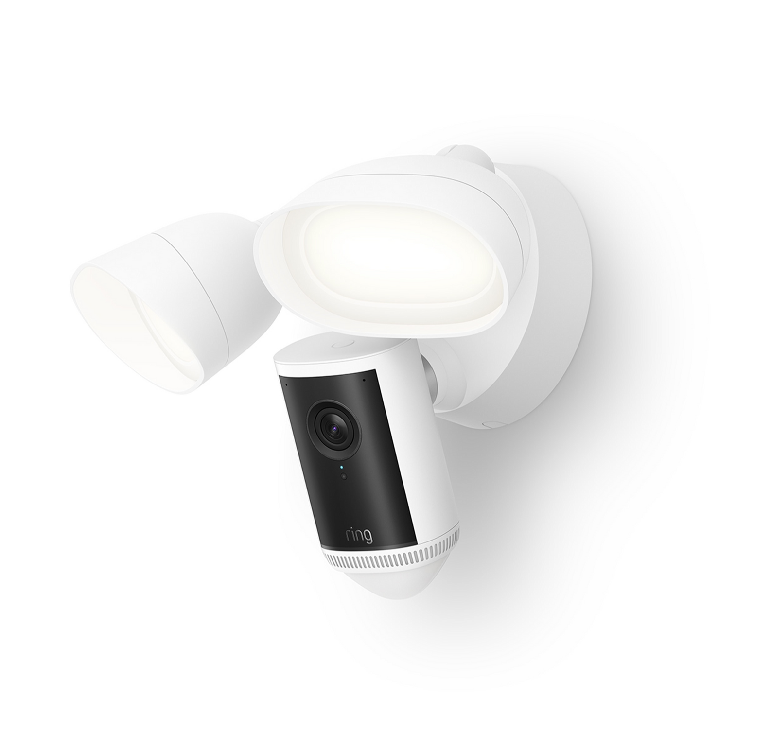 White Ring floodlight security camera mounted on a wall.