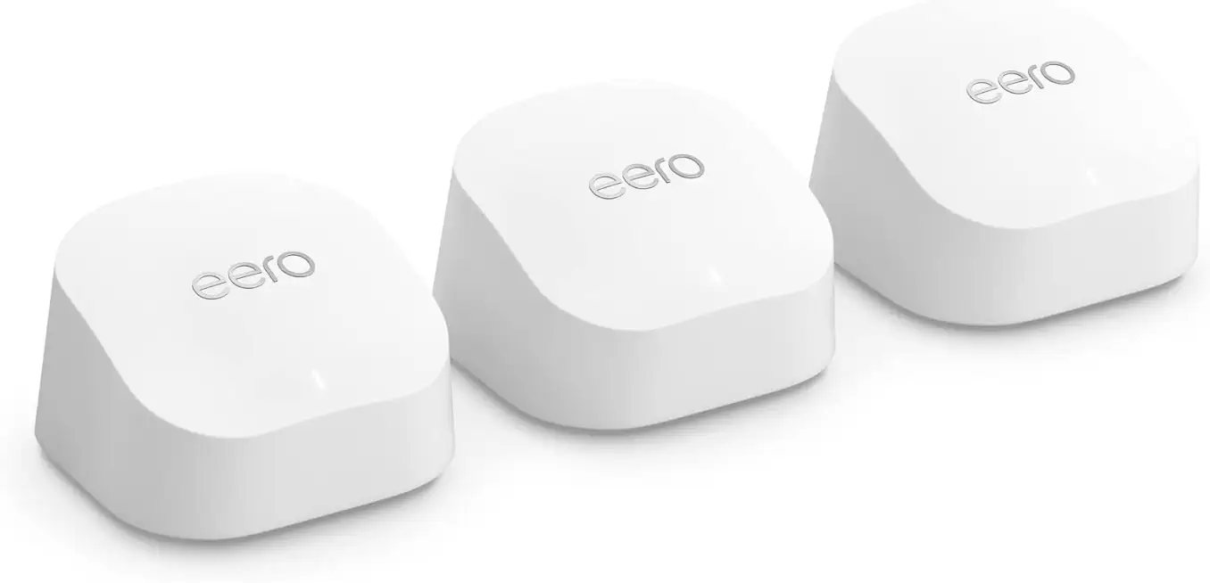 Three white Eero mesh wifi routers.