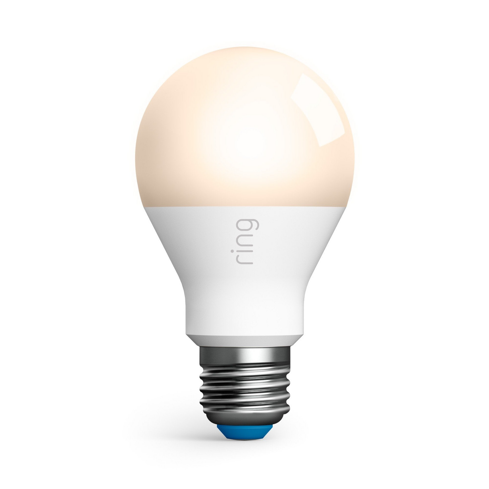 White Ring smart lightbulb, lit with a warm glow.