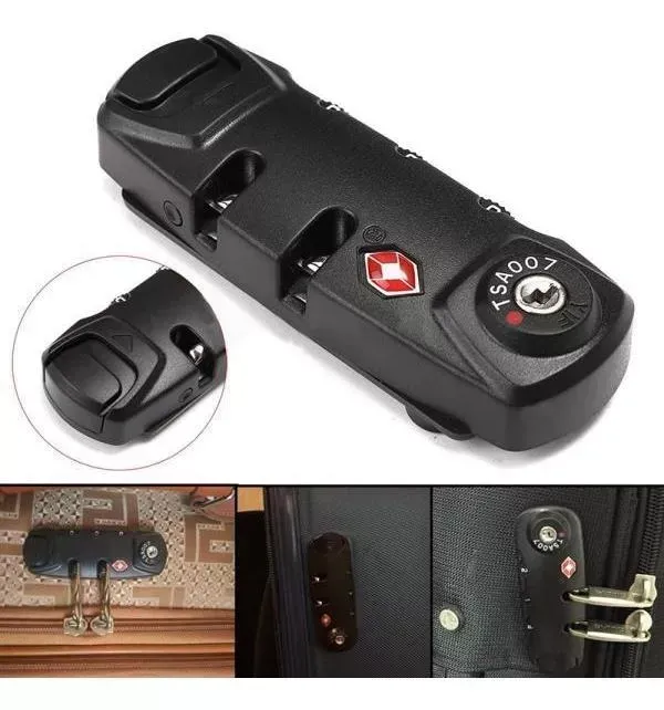 Candado negro para maleta con emblema y dial rojos, mostrado en detalle y montado sobre una maleta.