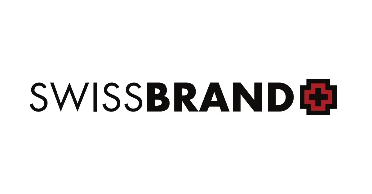 Logotipo de SWISSBRAND en negro con un emblema de cruz roja sobre fondo blanco.