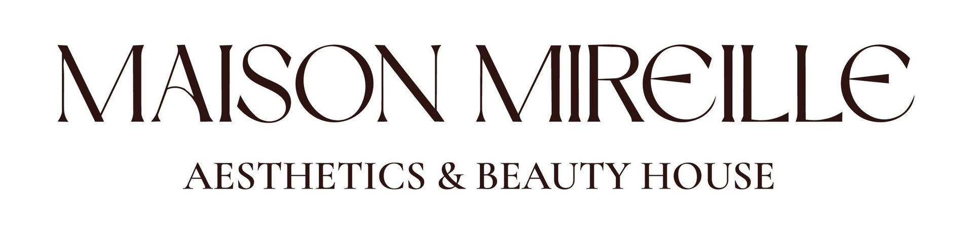 Logo für Maison Mireille mit dem Schriftzug „Aesthetics & Beauty House“ auf beigem Hintergrund.