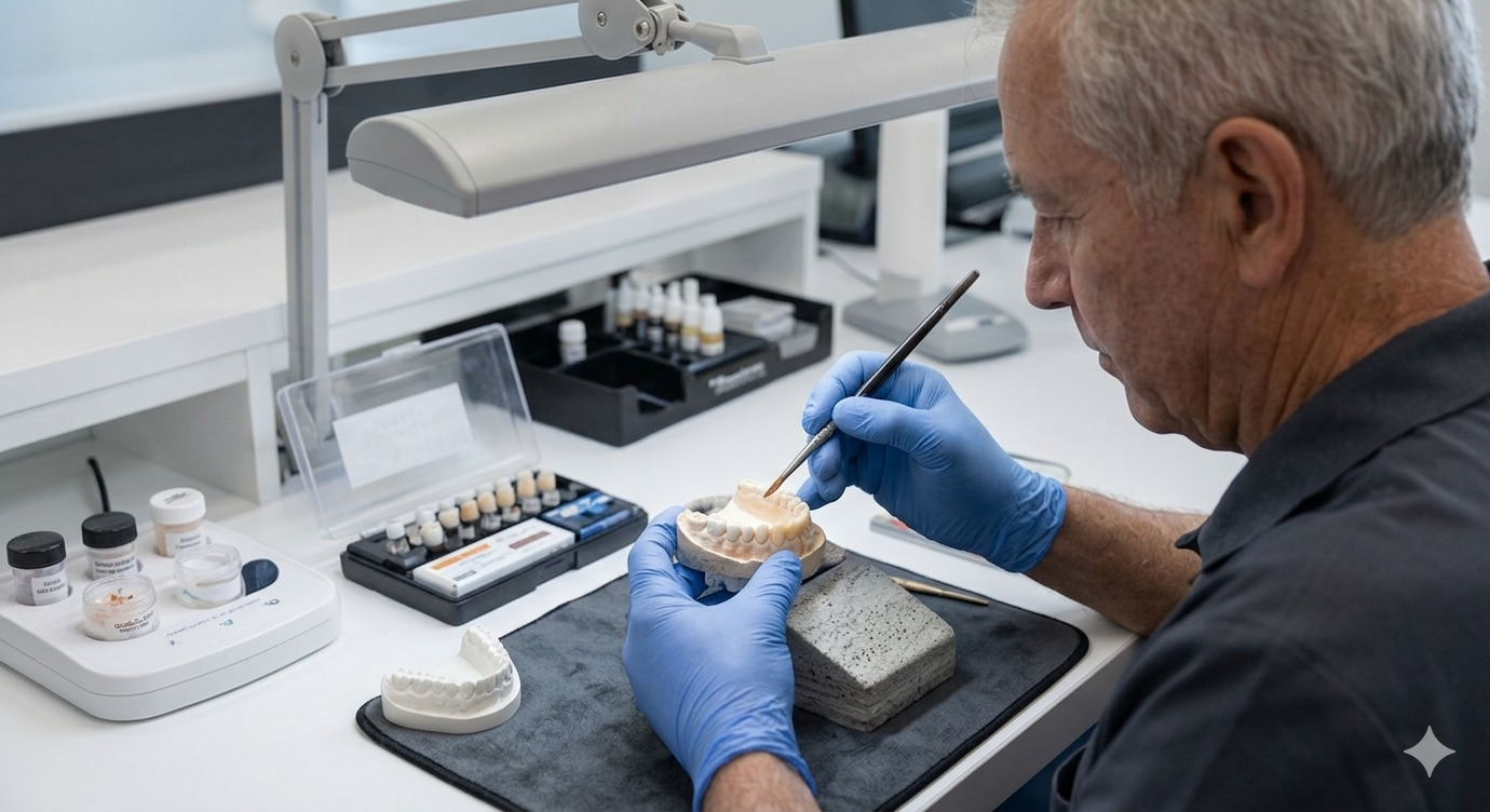 Tecnico con guanti blu al lavoro su uno stampo dentale su un banco di laboratorio sotto una luce intensa