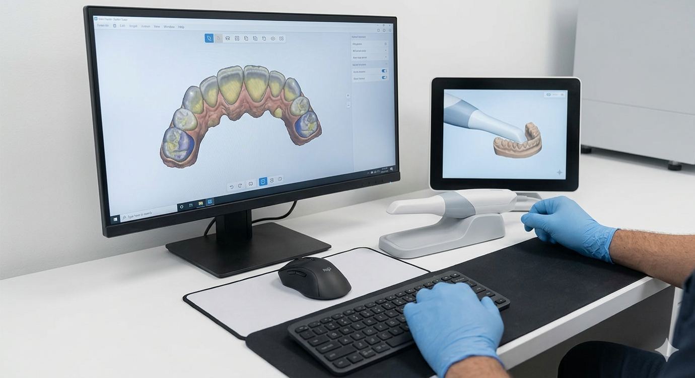Un dentista, con indosso guanti blu, esamina una scansione dentale 3D su due monitor, in una postazione di lavoro pulita.