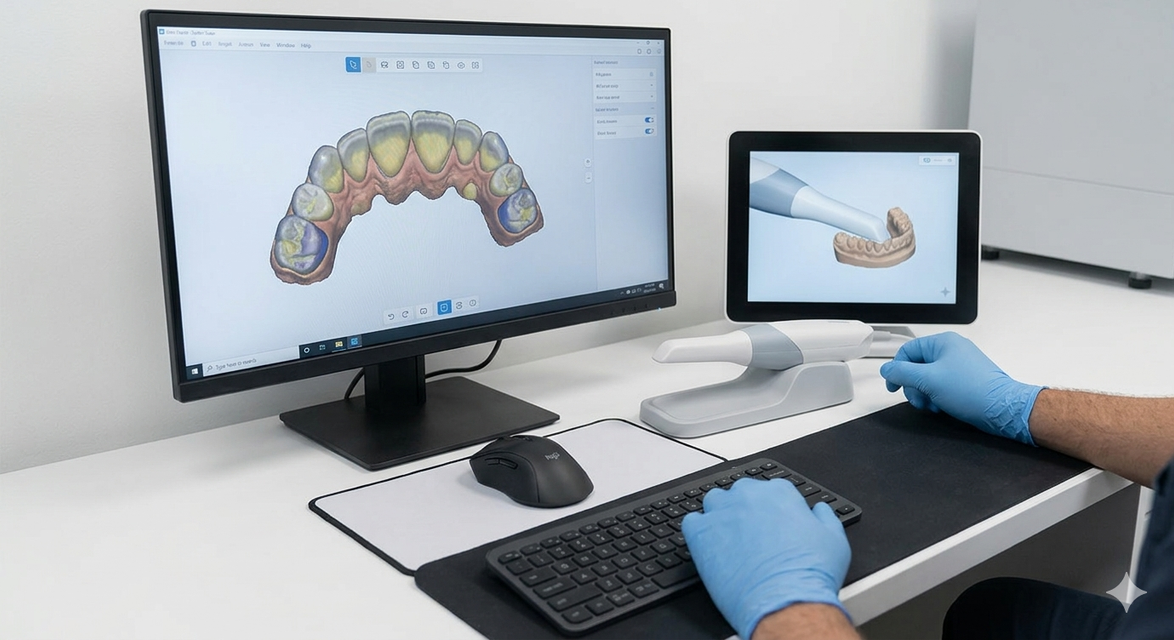 Un dentista, con indosso guanti blu, esamina una scansione dentale 3D su due monitor, in una postazione di lavoro pulita.