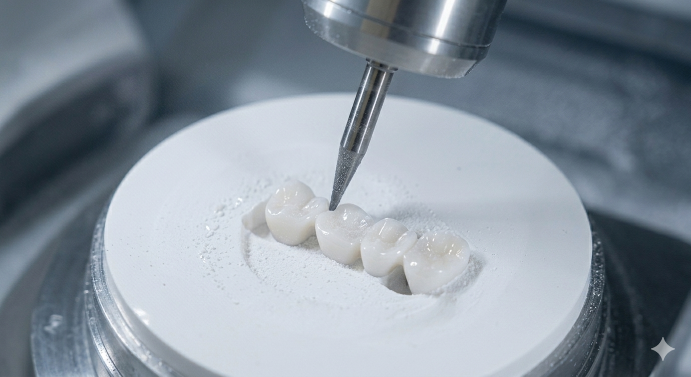Fresatrice dentale per fresatura di denti in ceramica bianca su un disco