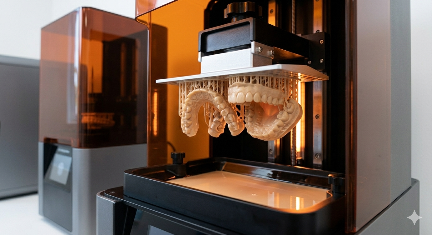 Stampante 3D che stampa attivamente modelli arancioni traslucidi all'interno di un involucro scuro