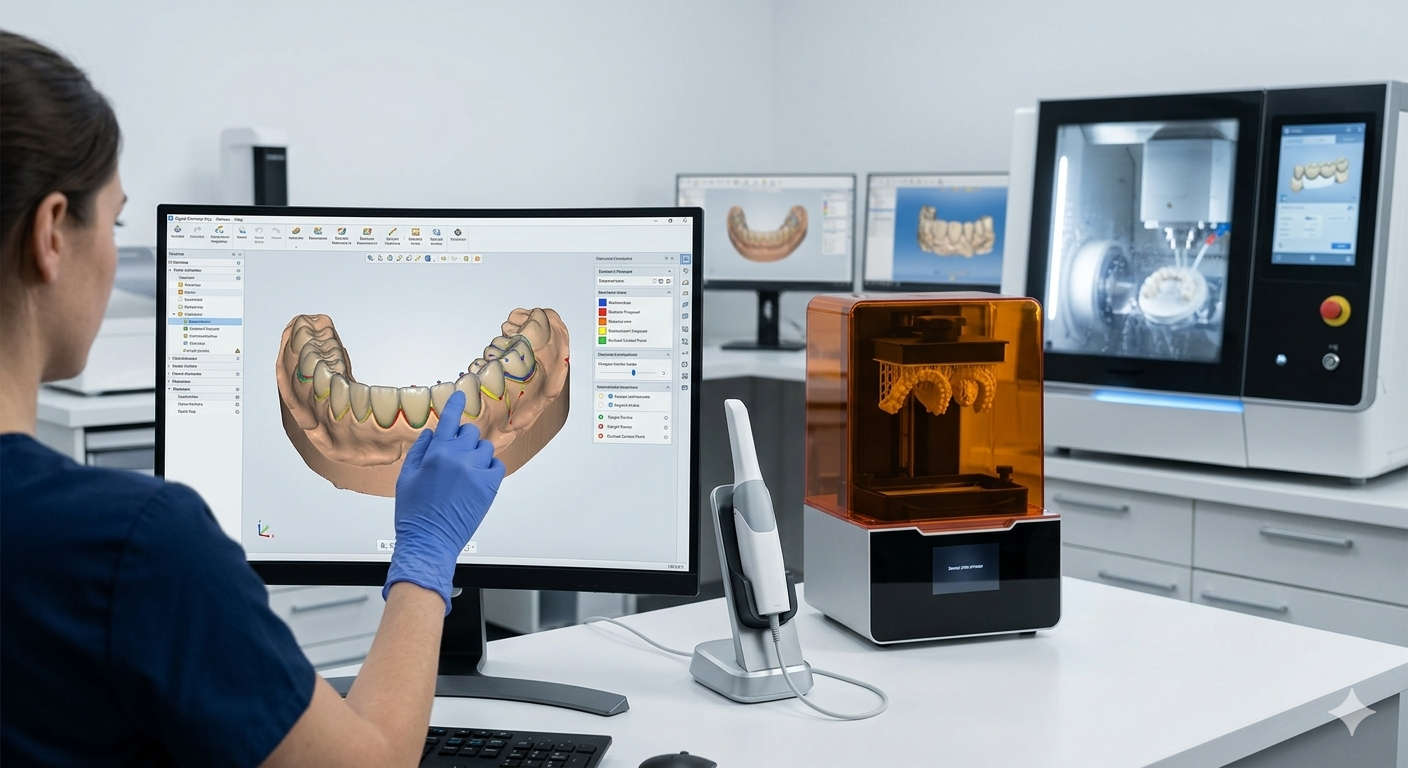 Un dentista esamina una scansione 3D della mandibola su un computer accanto a una stampante 3D dentale e a un monitor.
