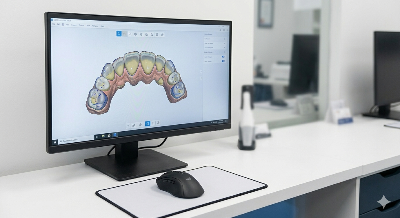Monitor di computer che mostra un modello 3D di un'arcata dentale su una scrivania con un mouse in un ufficio/laboratorio pulito.